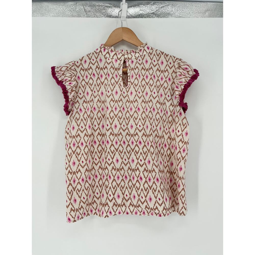 THML Boho Flutter Sleeve Blouse Pink Brown Ikat Tassel Trim Top Women's Large - Picture 3 of 7